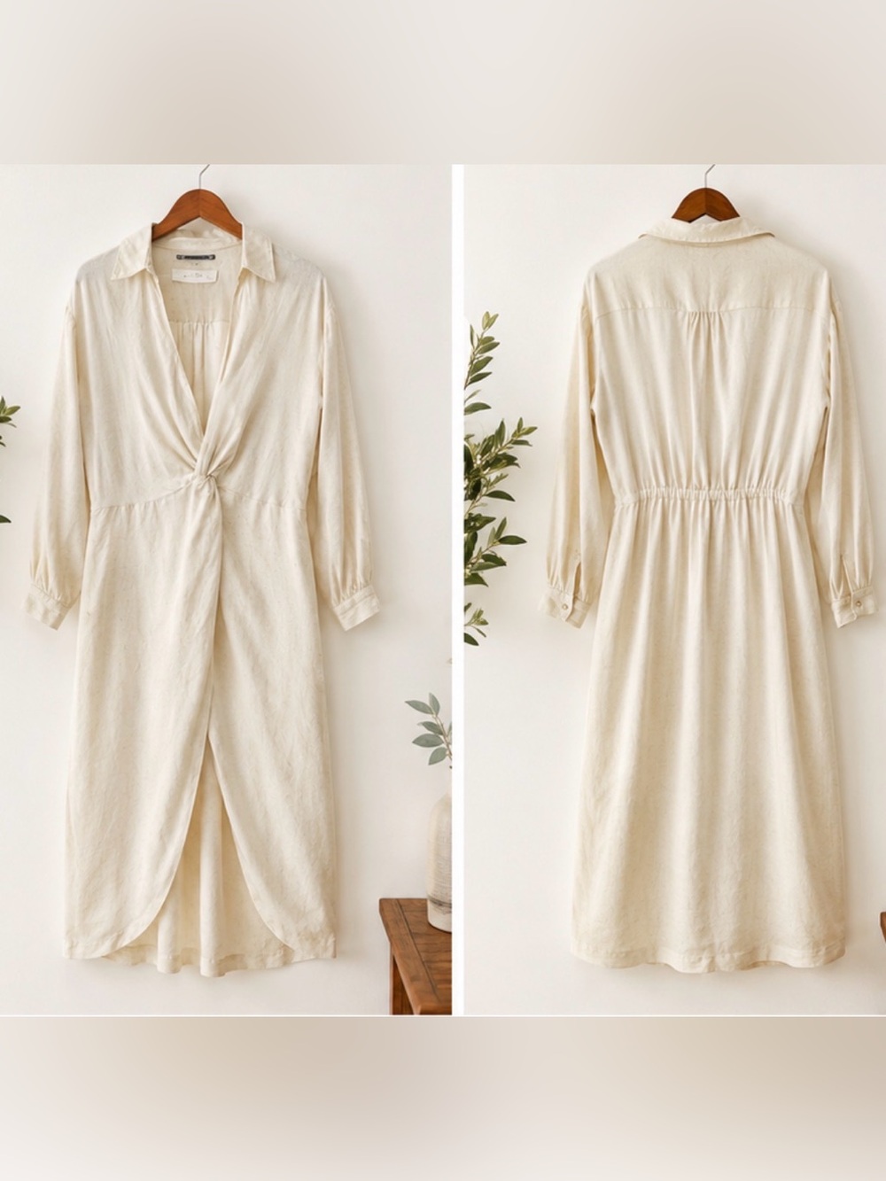 By Anthropologie Size 12P V-Neck Knot Front Midi Dress Linen Blend Petite